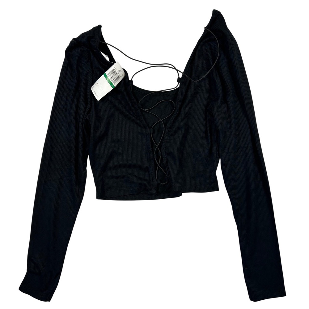 Derek Heart Womens Black Ribbed Lace Up Front Long Sleeve Crop Top Size L NWT